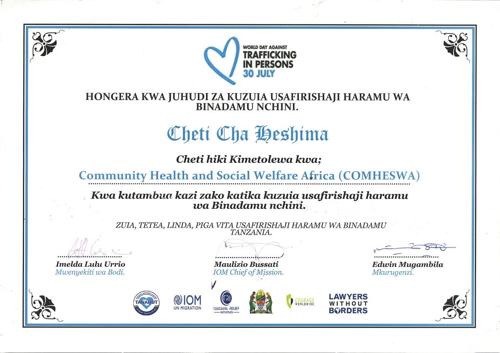 CERTIFICATE OF RESPECT - WORLD DAY AGAINST TRAFFICKING IN PERSONS.