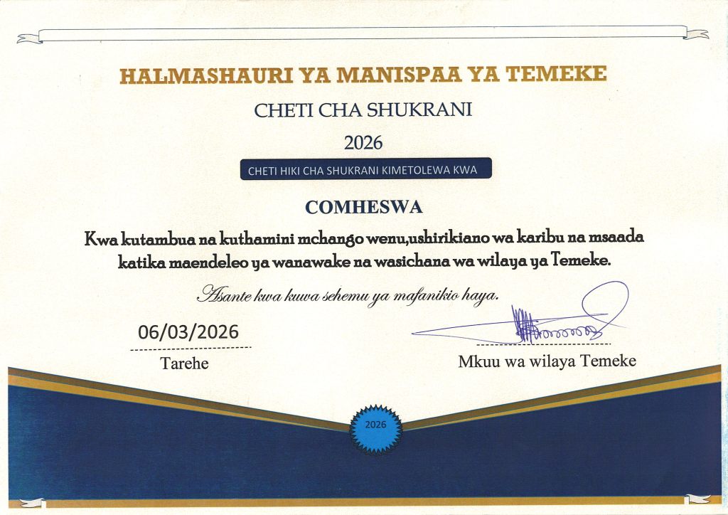 CERTIFICATE OF APPRECIATION FOR WOMEN EMPOWERMENT IN TEMEKE MUNICIPALITY, 06TH MARCH 2026.