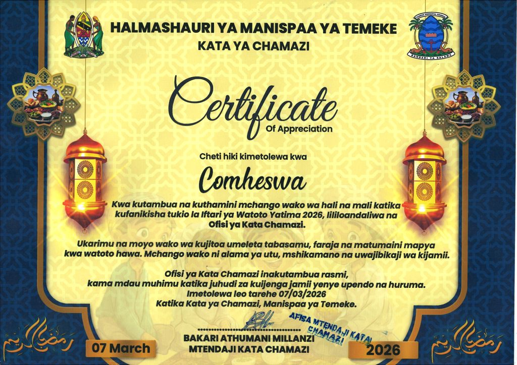 CERTIFICATE OF APPRECIATION FOR A COMMUNITY IFTAR OF ORPHANED CHILDREN AT CHAMAZI WARD, 7th MARCH 2026